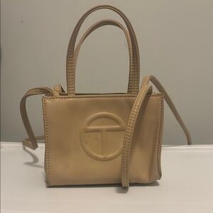 Telfar Tan Mini Bag with Embossed Logo and Crossbody Strap